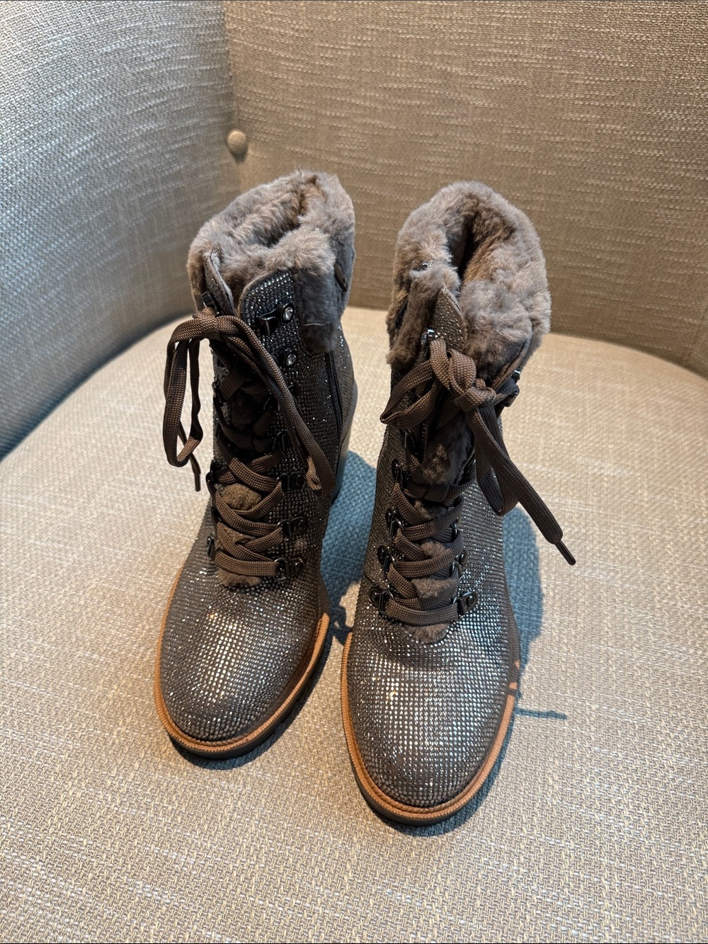 Jennifer Lopez Gray Faux Fur Lace-Up Boots with Subtle Sparkle
